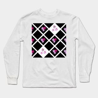 Pink and Black Floral Heart Checkered Pattern Long Sleeve T-Shirt